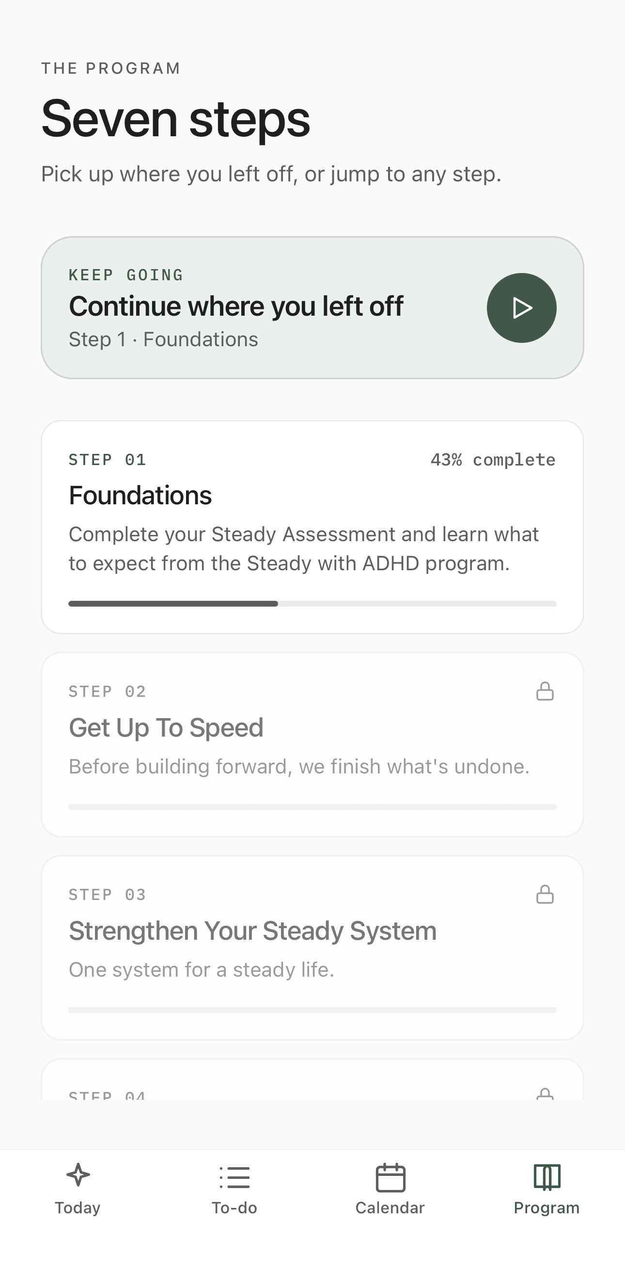 Steady program screen showing seven structured ADHD steps