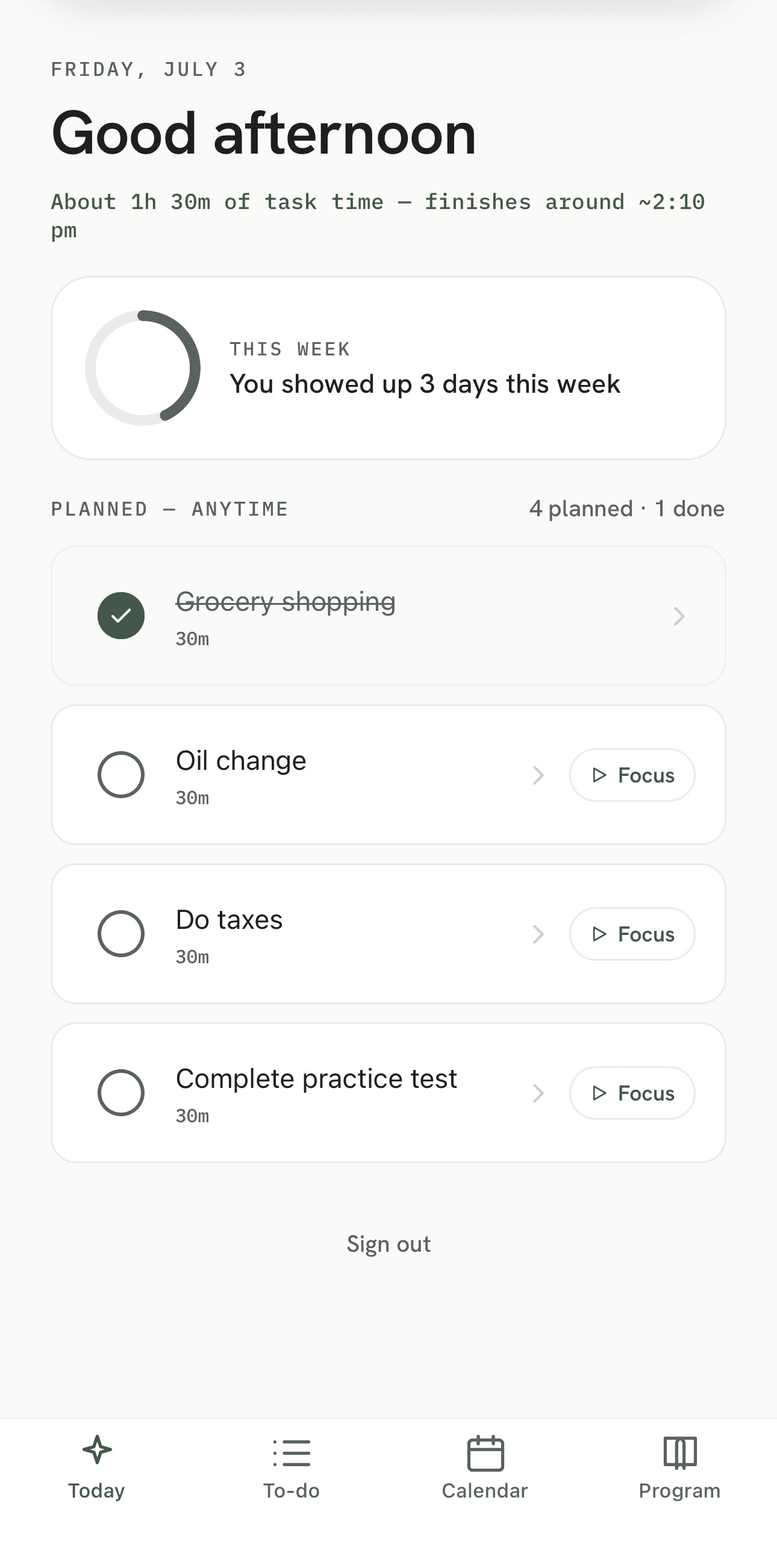 Steady Today screen showing a daily plan and task time estimate